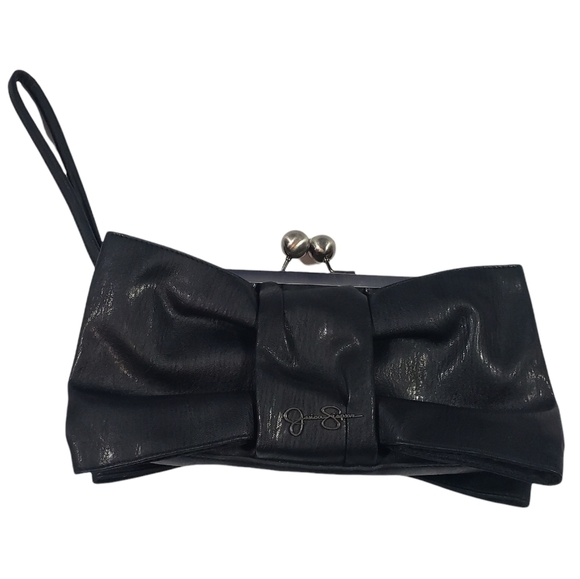 Jessica Simpson Black Faux Leather Bow Clutch Wristlet Detachable Wallet Keyring - Picture 5 of 11